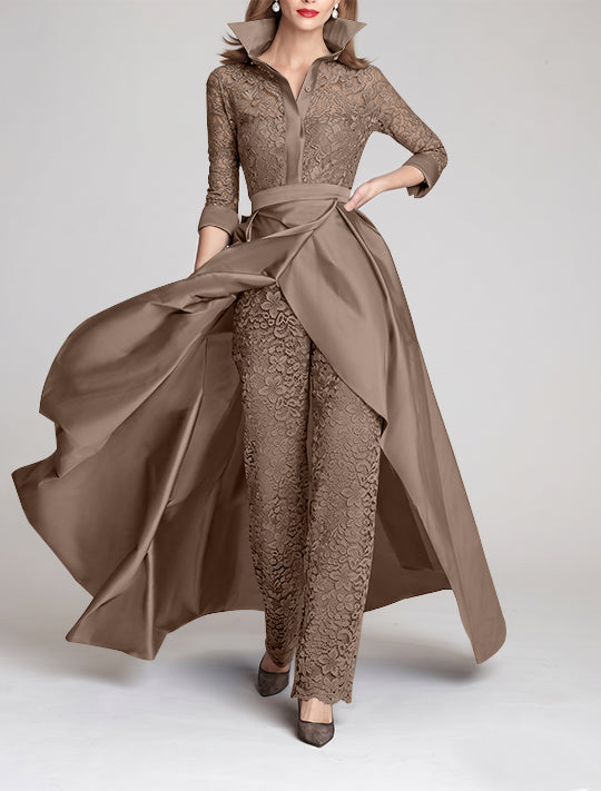 3/4 Sleeves 2 Pieces Mother of the Bride Pantsuits Lace Shirt Collar Jumpsuit Ruched Detachable