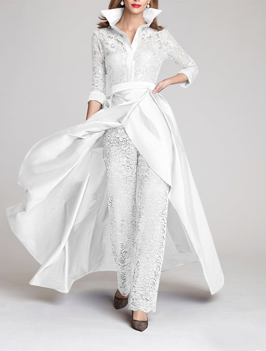 3/4 Sleeves 2 Pieces Mother of the Bride Pantsuits Lace Shirt Collar Jumpsuit Ruched Detachable