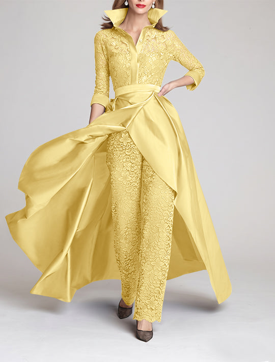 3/4 Sleeves 2 Pieces Mother of the Bride Pantsuits Lace Shirt Collar Jumpsuit Ruched Detachable
