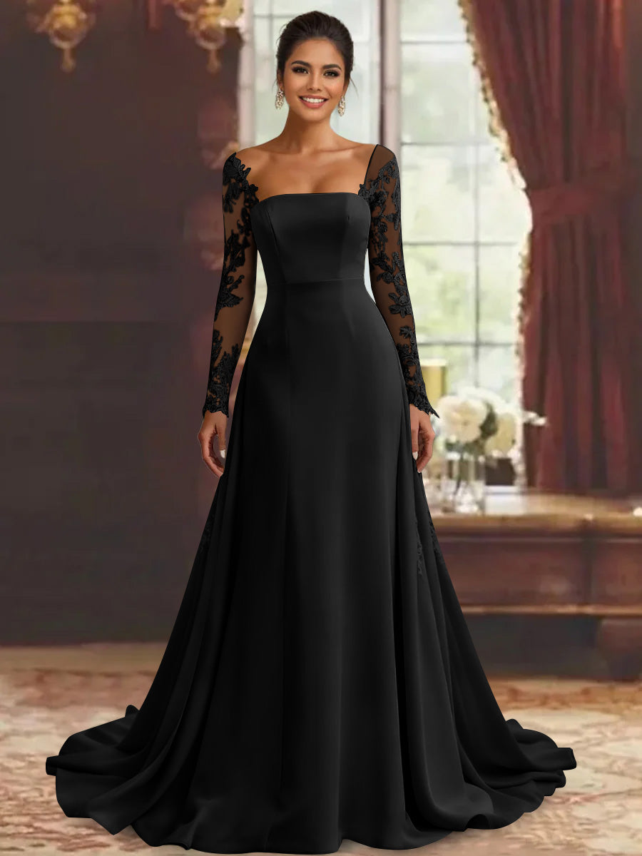 Sheath/Column Long Sleeves Floor-Length Mother of the Bride Dresses Lace Appliques Black Sheath/Column Long Sleeves Floor-Length Mother of the Bride Dresses Lace Appliques Black