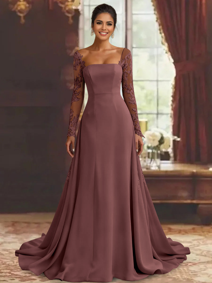 Sheath/Column Long Sleeves Floor-Length Mother of the Bride Dresses Lace Appliques