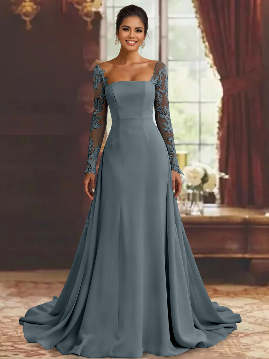 Sheath/Column Long Sleeves Floor-Length Mother of the Bride Dresses Lace Appliques Ink Blue