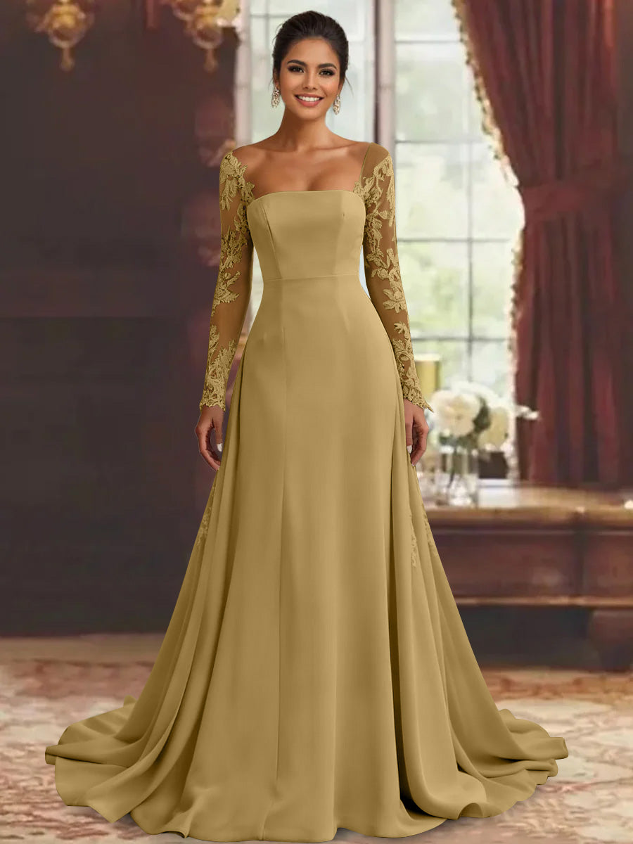 Sheath/Column Long Sleeves Floor-Length Mother of the Bride Dresses Lace Appliques Gold Sheath/Column Long Sleeves Floor-Length Mother of the Bride Dresses Lace Appliques Gold