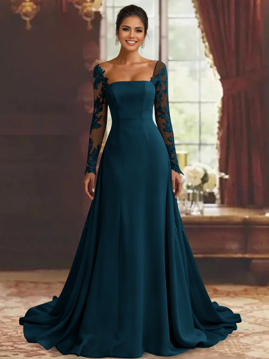 Sheath/Column Long Sleeves Floor-Length Mother of the Bride Dresses Lace Appliques Ink Blue Sheath/Column Long Sleeves Floor-Length Mother of the Bride Dresses Lace Appliques Ink Blue