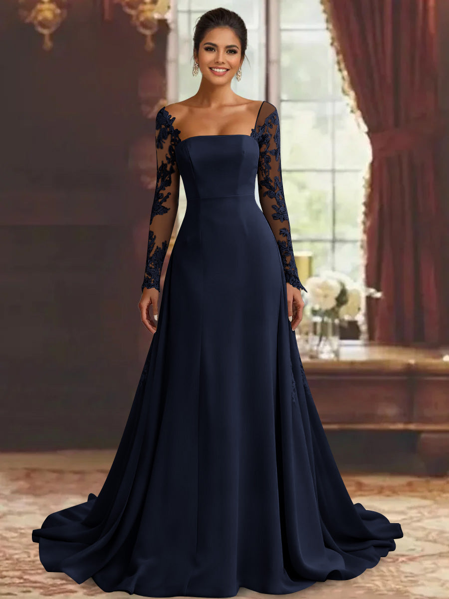 long sleeve floor length dress Sheath/Column Long Sleeves Floor-Length Mother of the Bride Dresses Lace Appliques Navy Blue