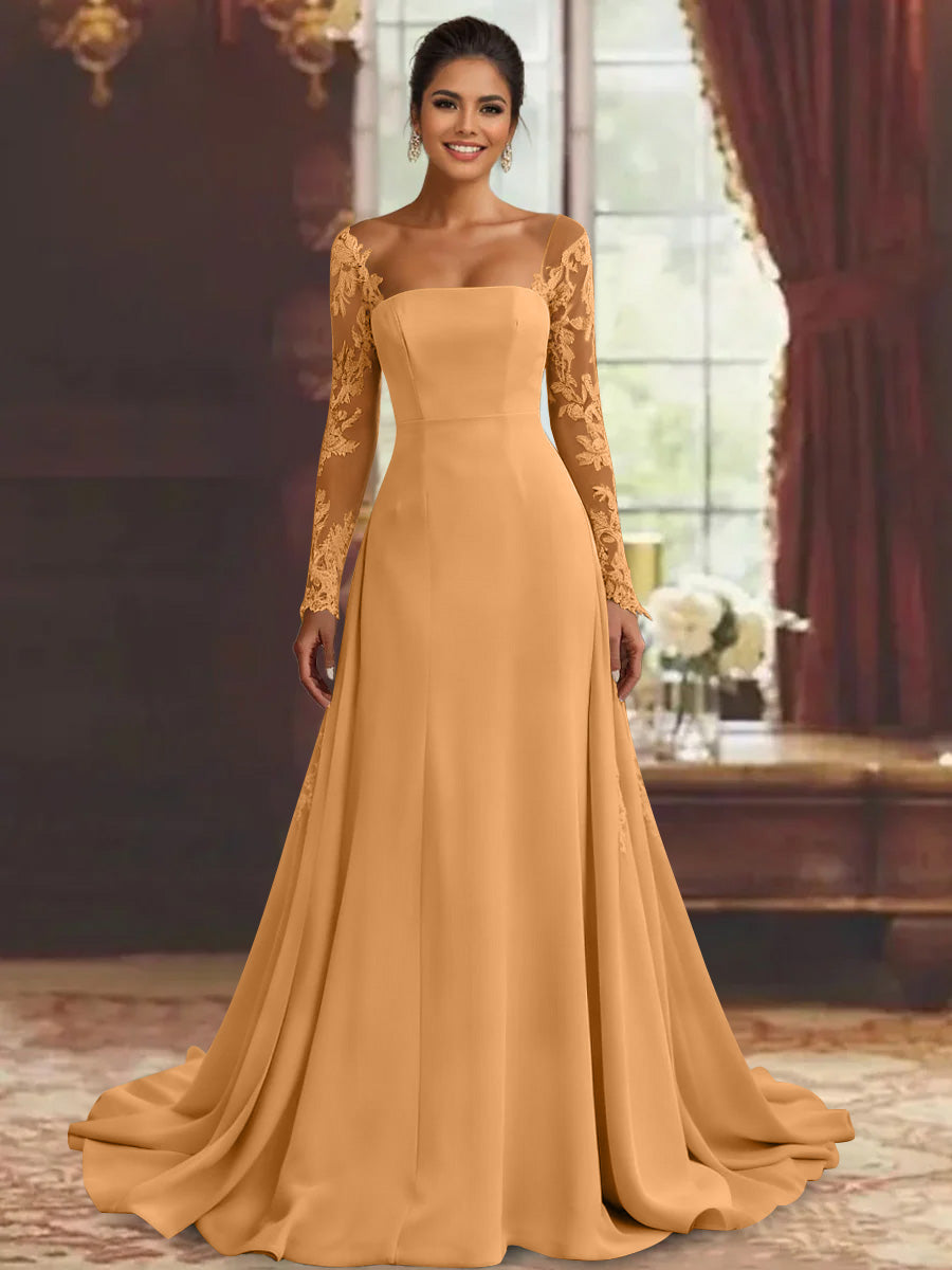 Sheath/Column Long Sleeves Floor-Length Mother of the Bride Dresses Lace Appliques Orange Sheath/Column Long Sleeves Floor-Length Mother of the Bride Dresses Lace Appliques Orange