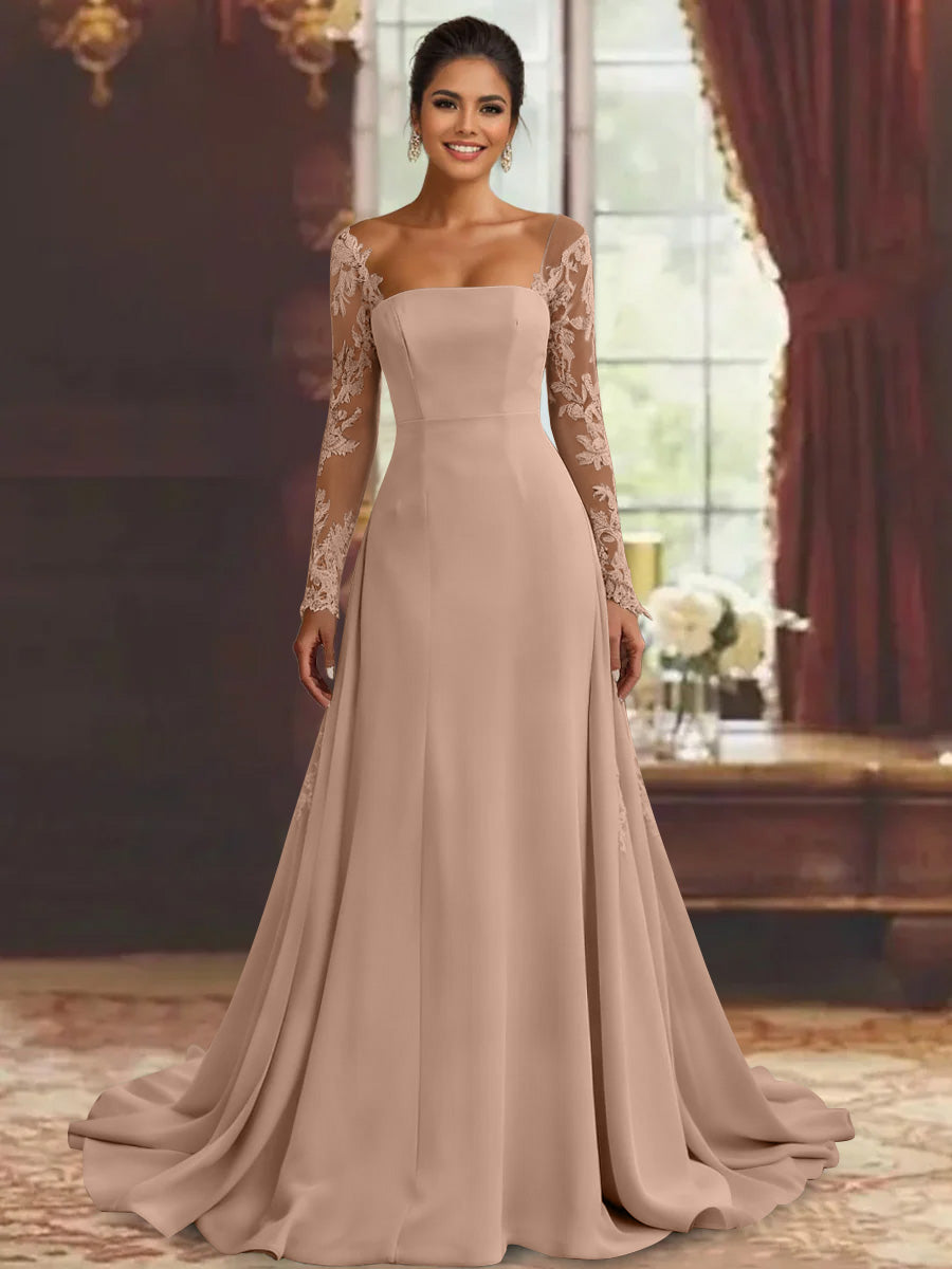 Sheath/Column Long Sleeves Floor-Length Mother of the Bride Dresses Lace Appliques