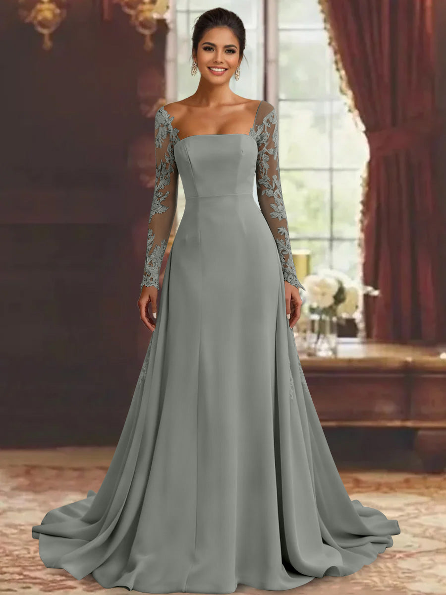 Sheath/Column Long Sleeves Floor-Length Mother of the Bride Dresses Lace Appliques Taupe Sheath/Column Long Sleeves Floor-Length Mother of the Bride Dresses Lace Appliques Taupe