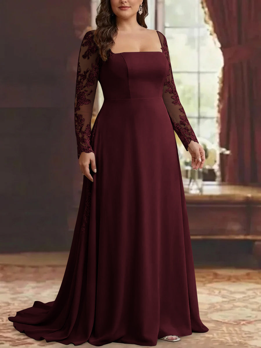 Trumpet/Mermaid Stretch Satin Plus Size Mother of the Bride Dresses Square Collar Long Sleeves Floor-Length Lace Appliques Light Burgundy