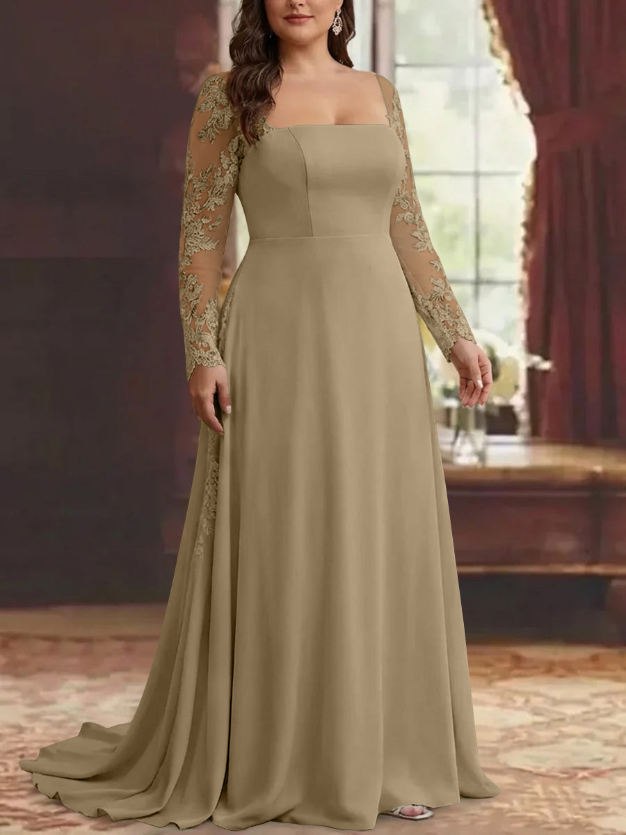 Trumpet/Mermaid Stretch Satin Plus Size Mother of the Bride Dresses Square Collar Long Sleeves Floor-Length Lace Appliques Light Burgundy