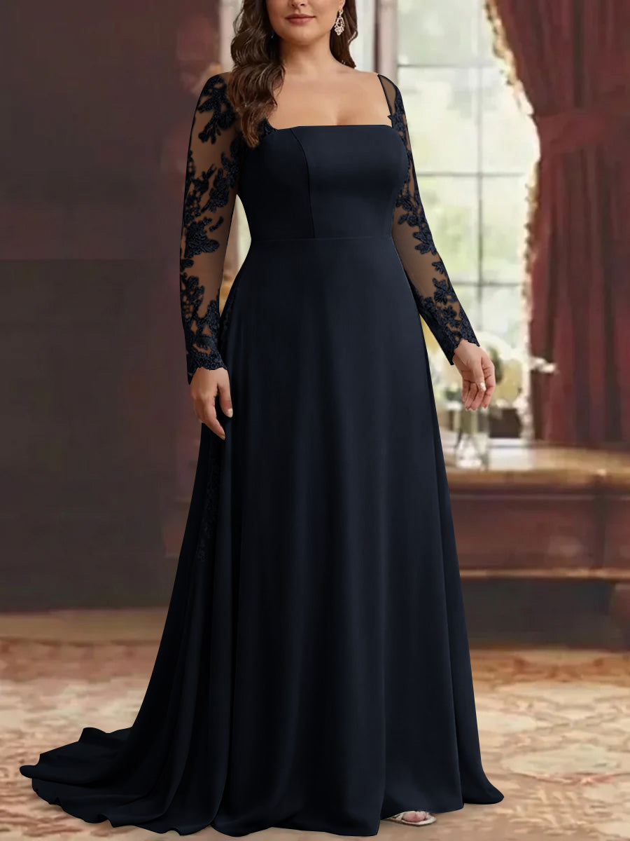 Trumpet/Mermaid Stretch Satin Plus Size Mother of the Bride Dresses Square Collar Long Sleeves Floor-Length Lace Appliques