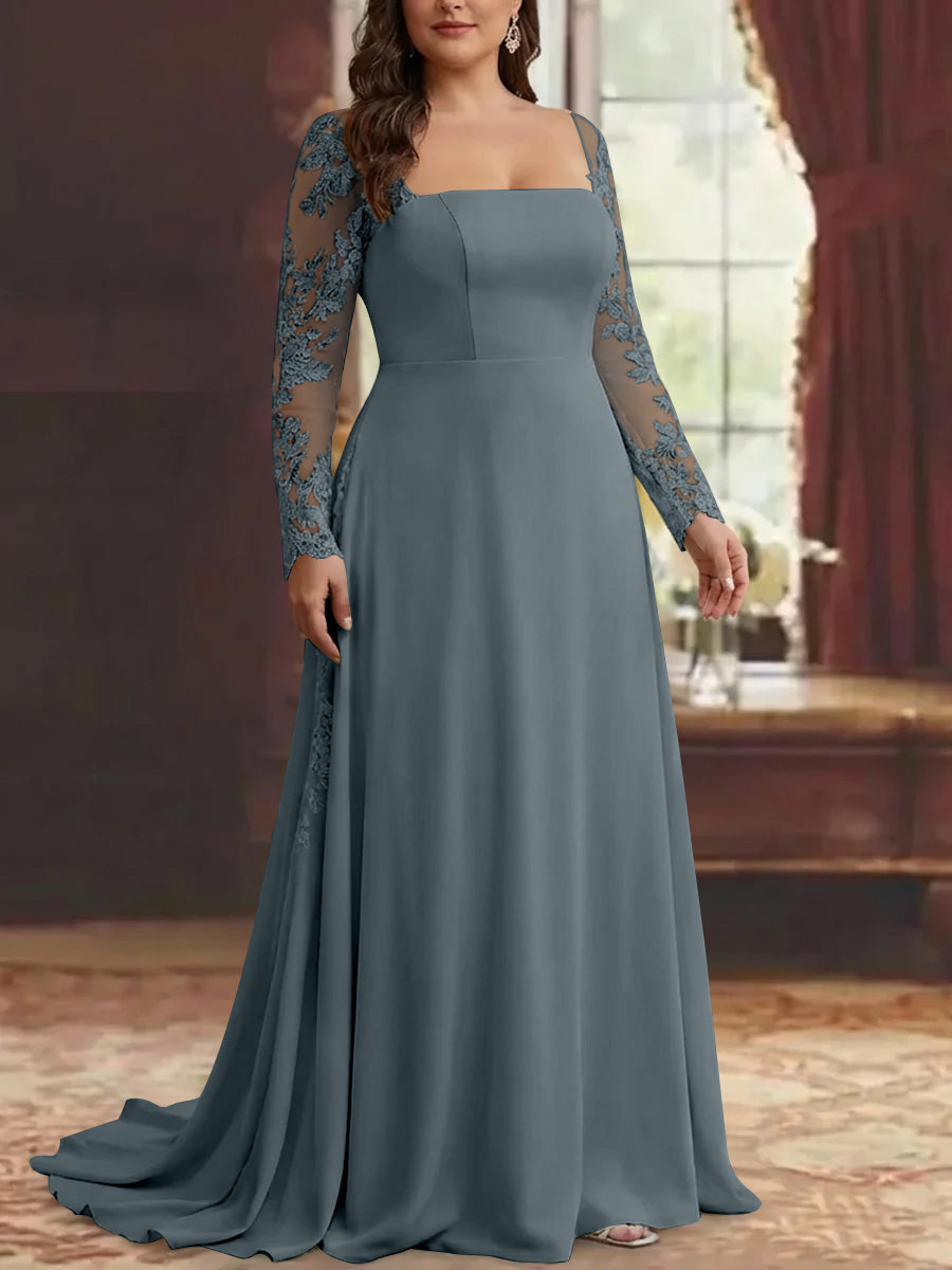 Trumpet/Mermaid Stretch Satin Plus Size Mother of the Bride Dresses Square Collar Long Sleeves Floor-Length Lace Appliques