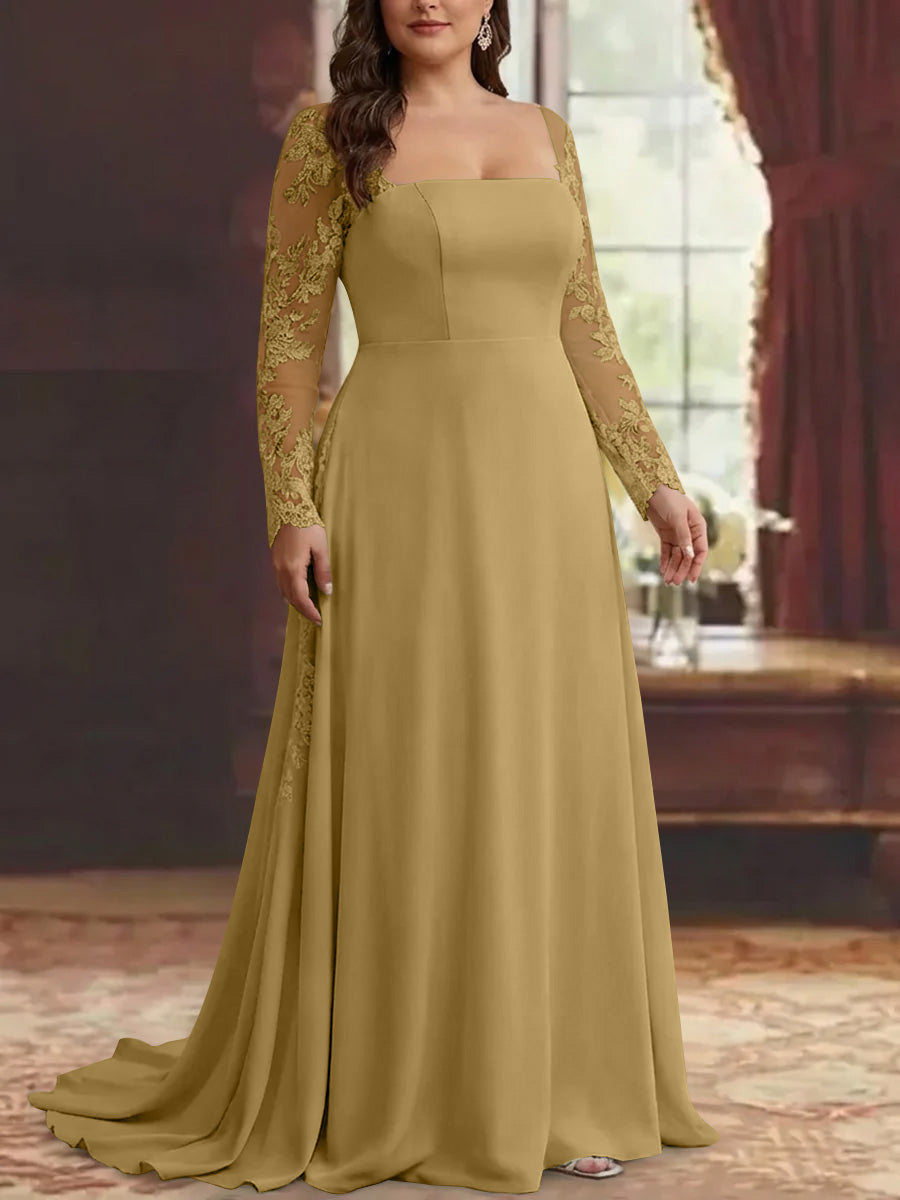 Trumpet/Mermaid Stretch Satin Plus Size Mother of the Bride Dresses Square Collar Long Sleeves Floor-Length Lace Appliques
