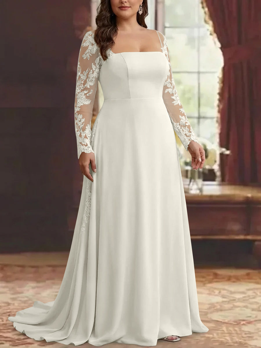 Trumpet/Mermaid Stretch Satin Plus Size Mother of the Bride Dresses Square Collar Long Sleeves Floor-Length Lace Appliques Ivory Trumpet/Mermaid Stretch Satin Plus Size Mother of the Bride Dresses Square Collar Long Sleeves Floor-Length Lace Appliques Ivory
