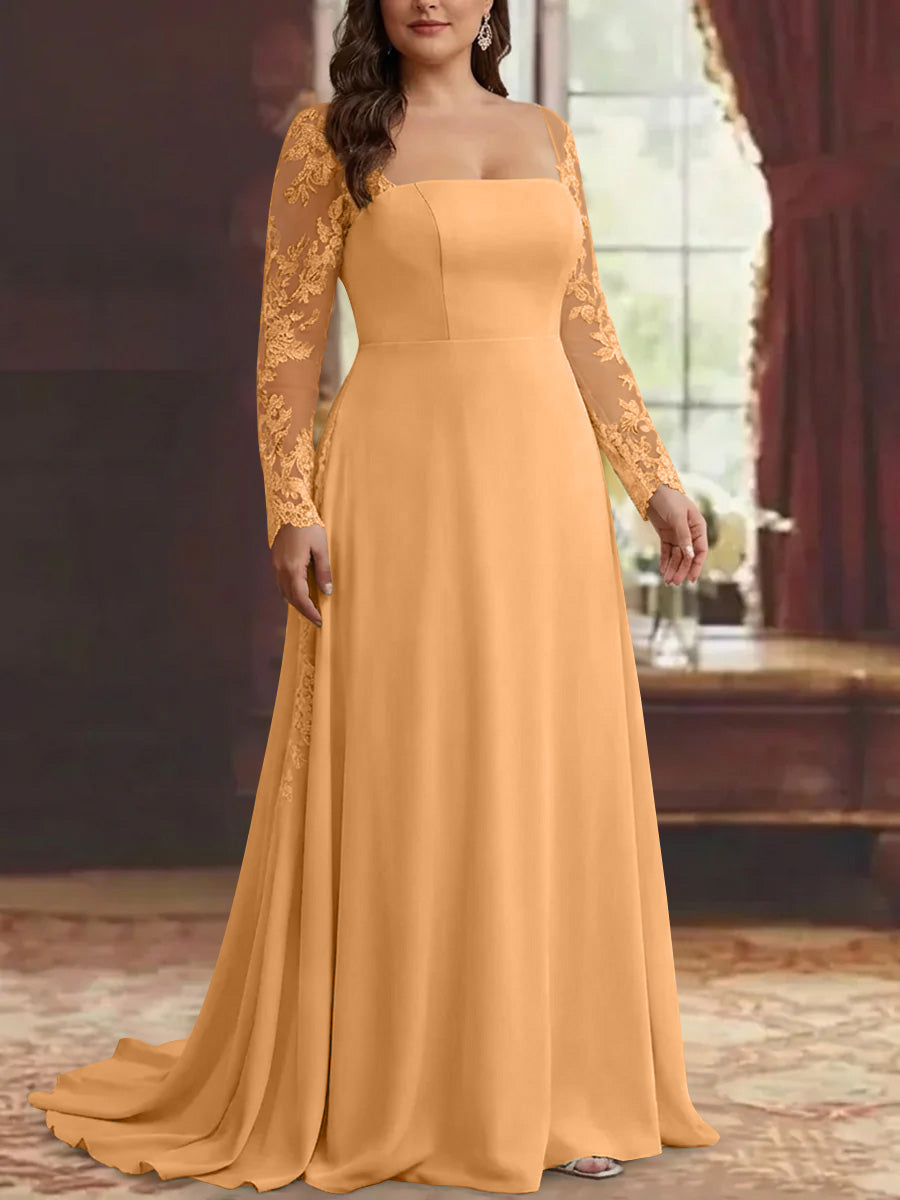orange plus size dresses for wedding Trumpet/Mermaid Stretch Satin Plus Size Mother of the Bride Dresses Square Collar Long Sleeves Floor-Length Lace Appliques Orange