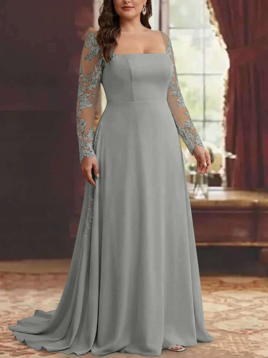 Trumpet/Mermaid Stretch Satin Plus Size Mother of the Bride Dresses Square Collar Long Sleeves Floor-Length Lace Appliques Silver Trumpet/Mermaid Stretch Satin Plus Size Mother of the Bride Dresses Square Collar Long Sleeves Floor-Length Lace Appliques Silver