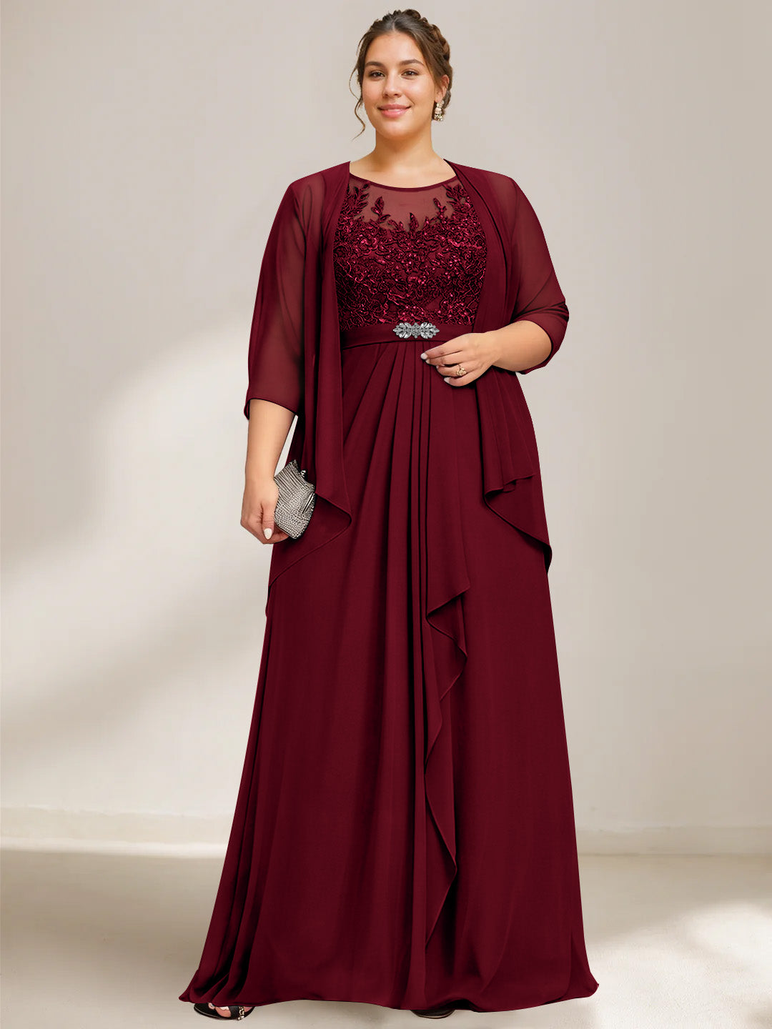 A-Line/Princess Scoop Plus Size Mother of the Bride Dresses Chiffon Lace with Wrap/Jacket