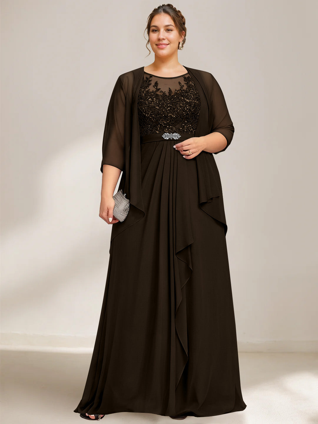 A-Line/Princess Scoop Plus Size Mother of the Bride Dresses Chiffon Lace with Wrap/Jacket Plum