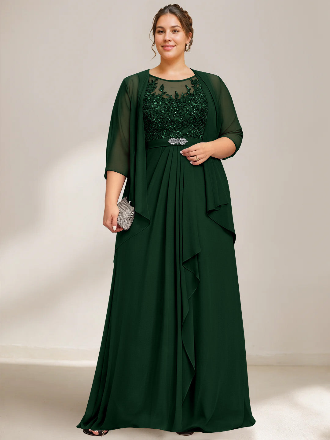 A-Line/Princess Scoop Plus Size Mother of the Bride Dresses Chiffon Lace with Wrap/Jacket