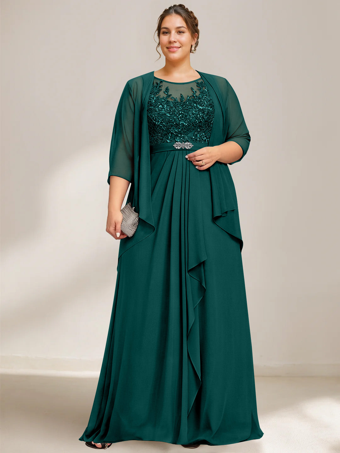 A-Line/Princess Scoop Plus Size Mother of the Bride Dresses Chiffon Lace with Wrap/Jacket