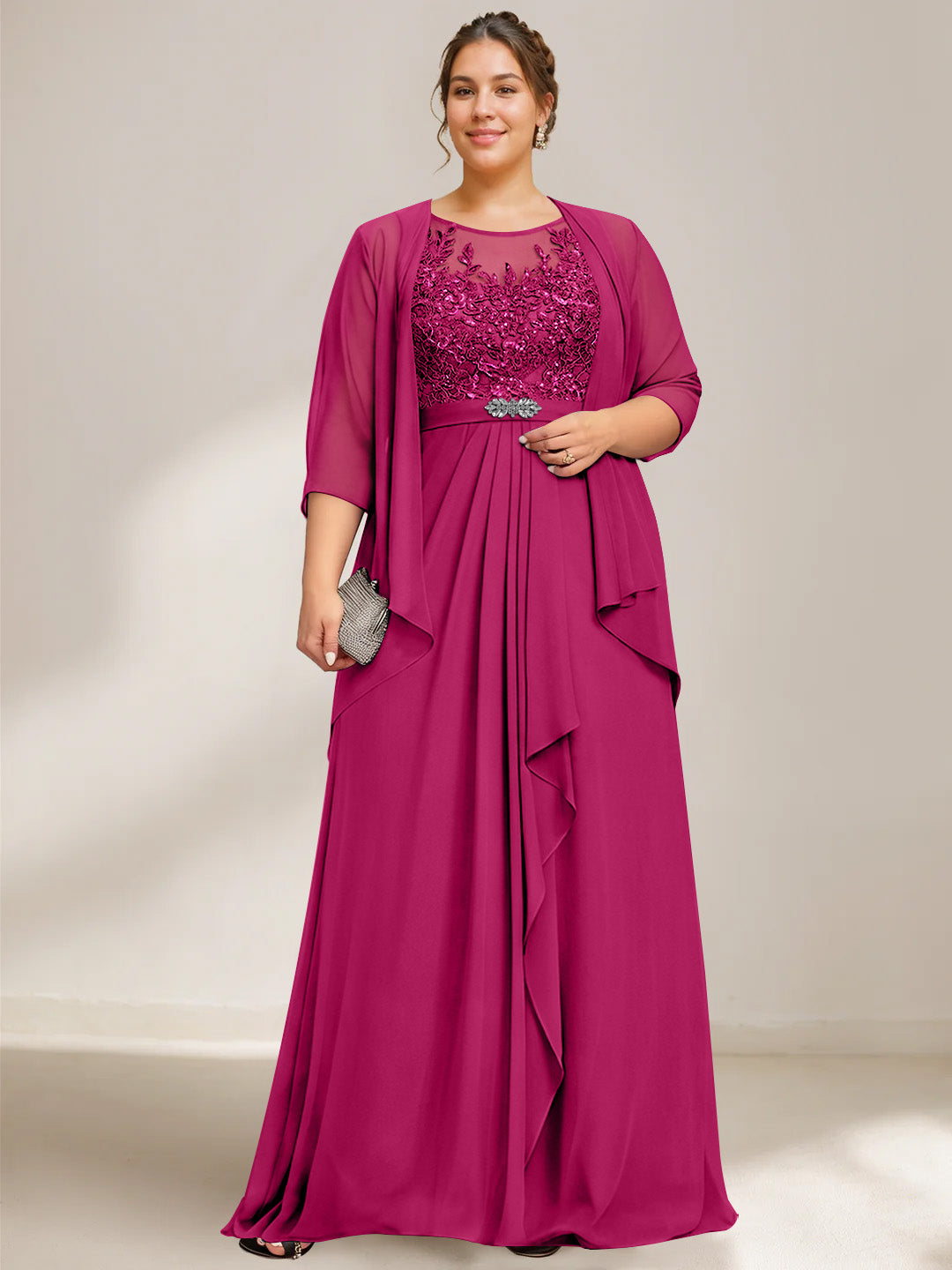 A-Line/Princess Scoop Plus Size Mother of the Bride Dresses Chiffon Lace with Wrap/Jacket