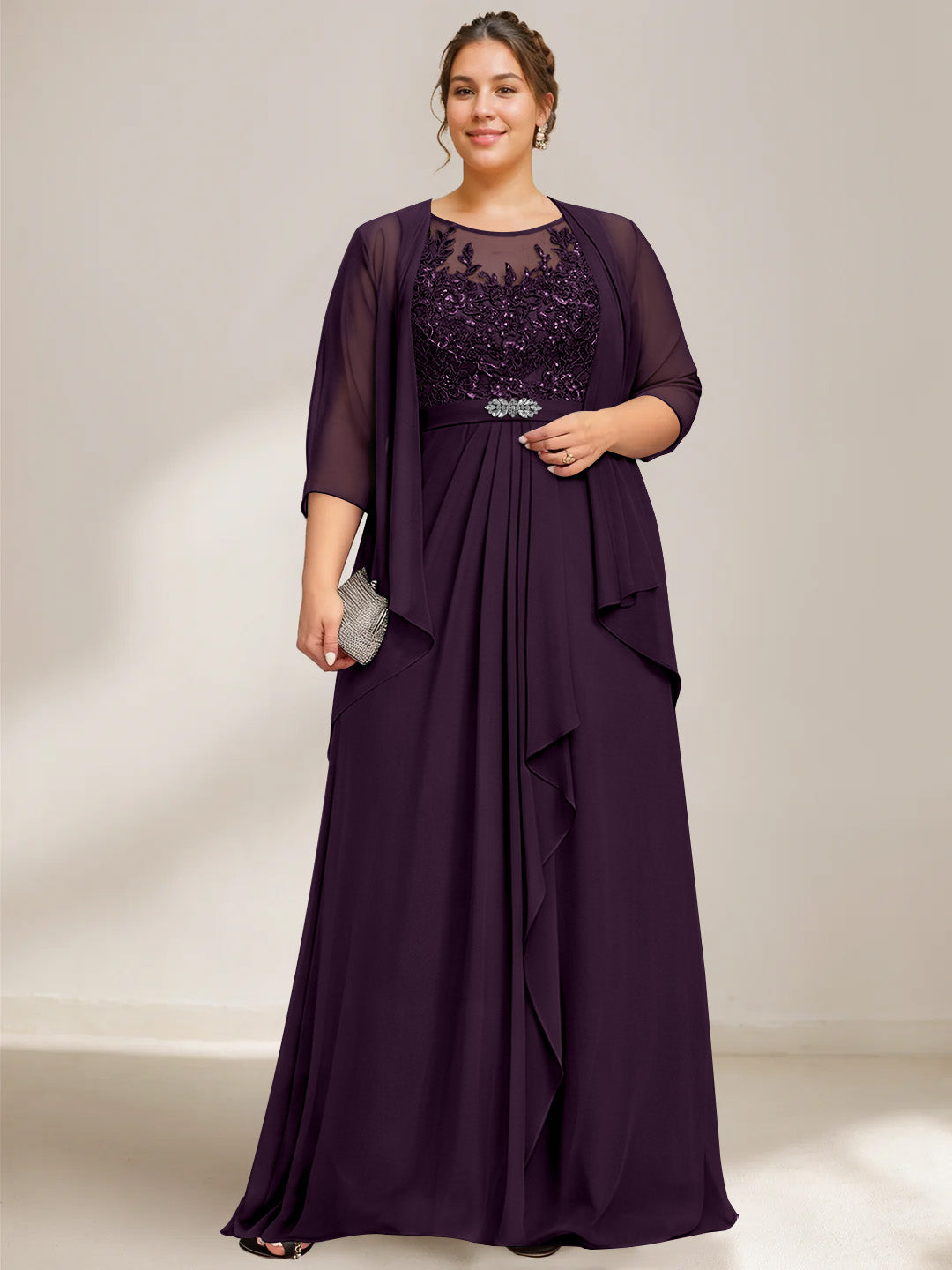 A-Line/Princess Scoop Plus Size Mother of the Bride Dresses Chiffon Lace with Wrap/Jacket