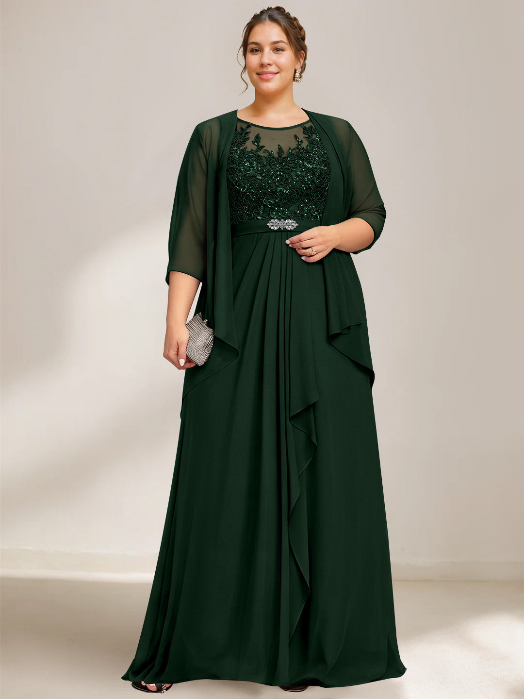 A-Line/Princess Scoop Plus Size Mother of the Bride Dresses Chiffon Lace with Wrap/Jacket Dark Green