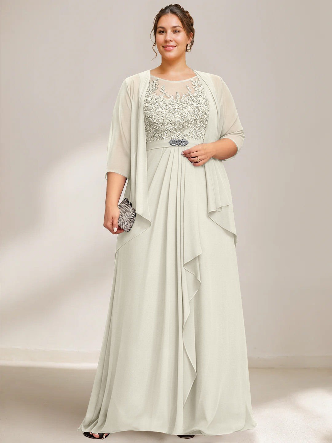 A-Line/Princess Scoop Plus Size Mother of the Bride Dresses Chiffon Lace with Wrap/Jacket