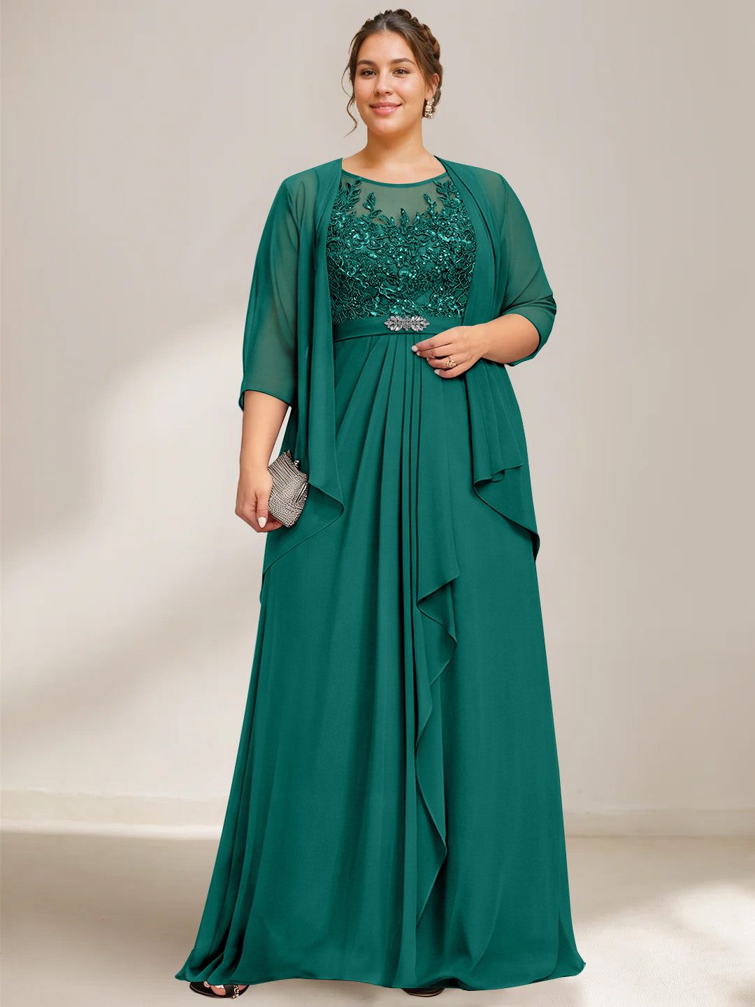 A-Line/Princess Scoop Plus Size Mother of the Bride Dresses Chiffon Lace with Wrap/Jacket