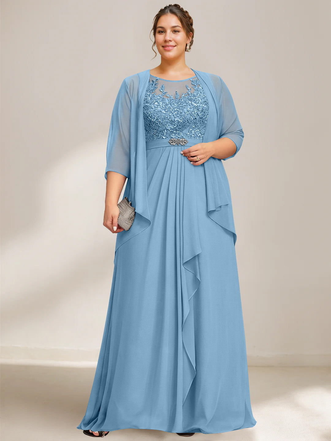 A-Line/Princess Scoop Plus Size Mother of the Bride Dresses Chiffon Lace with Wrap/Jacket
