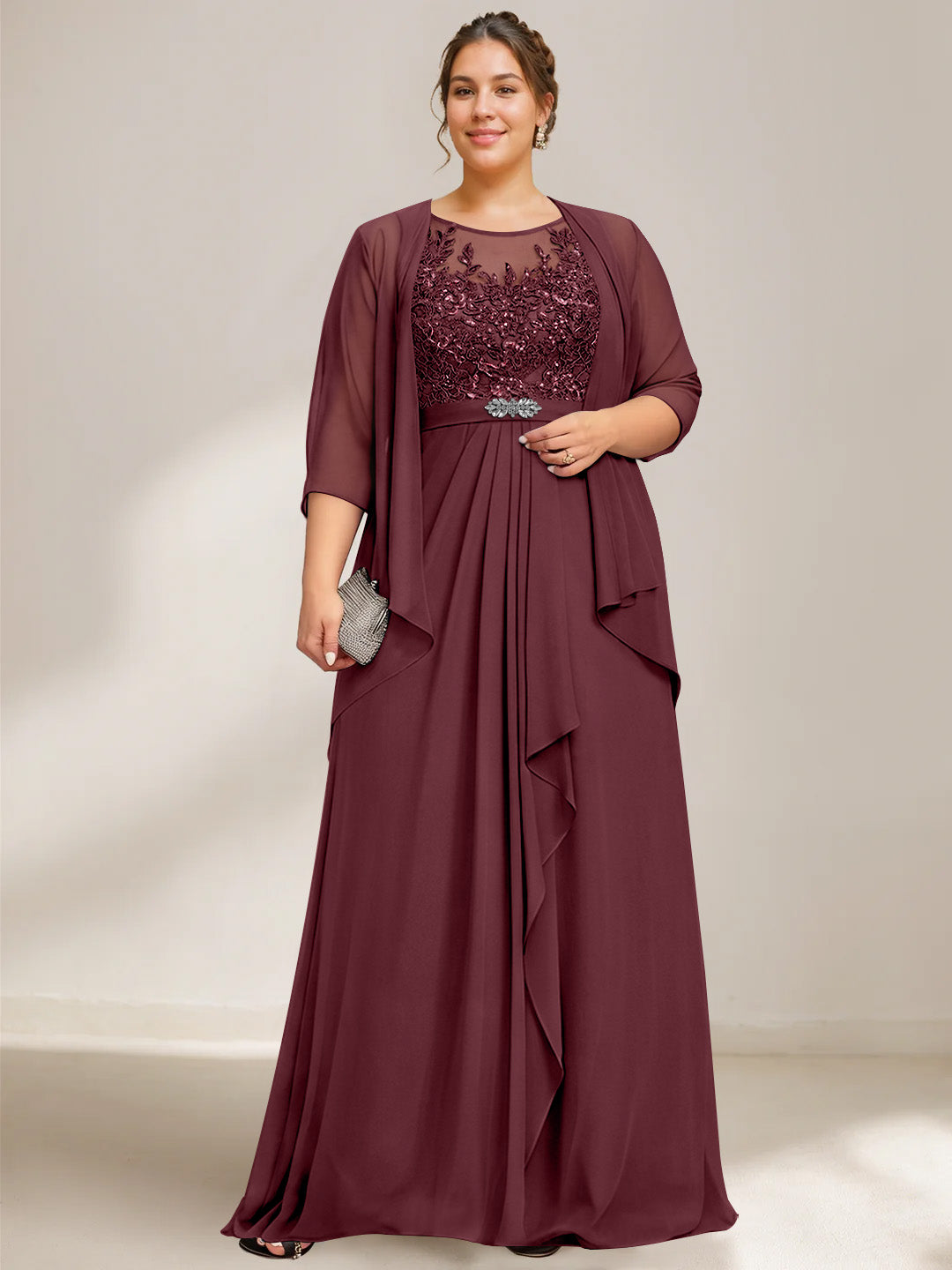 A-Line/Princess Scoop Plus Size Mother of the Bride Dresses Chiffon Lace with Wrap/Jacket