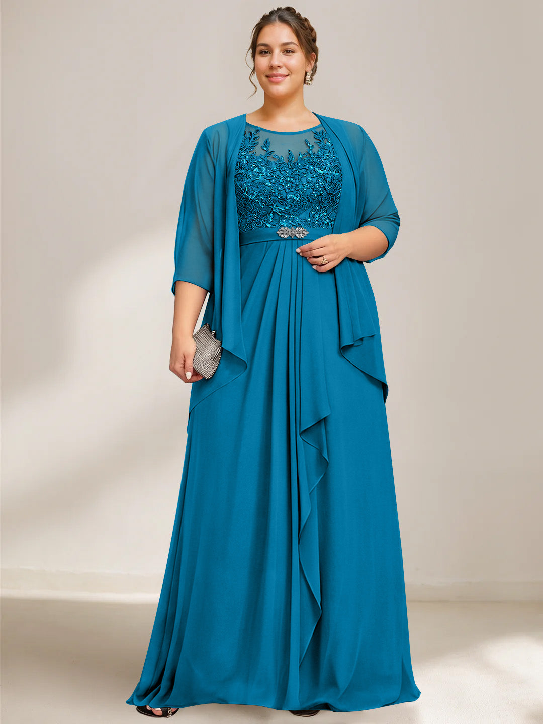 A-Line/Princess Scoop Plus Size Mother of the Bride Dresses Chiffon Lace with Wrap/Jacket