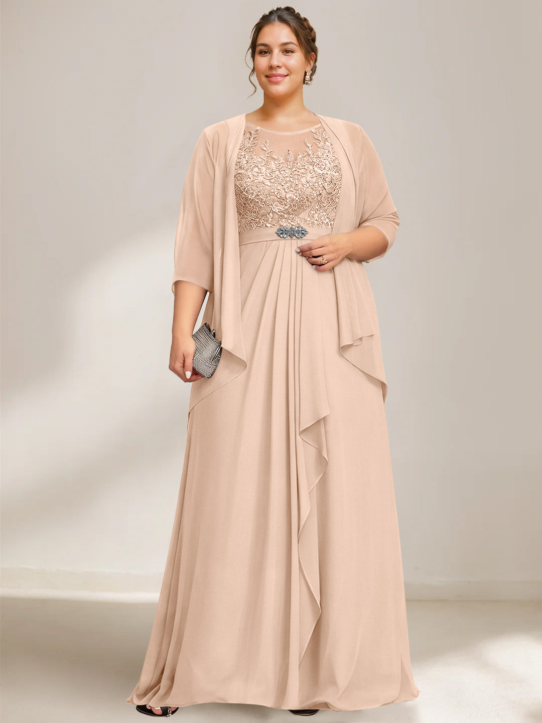 A-Line/Princess Scoop Plus Size Mother of the Bride Dresses Chiffon Lace with Wrap/Jacket