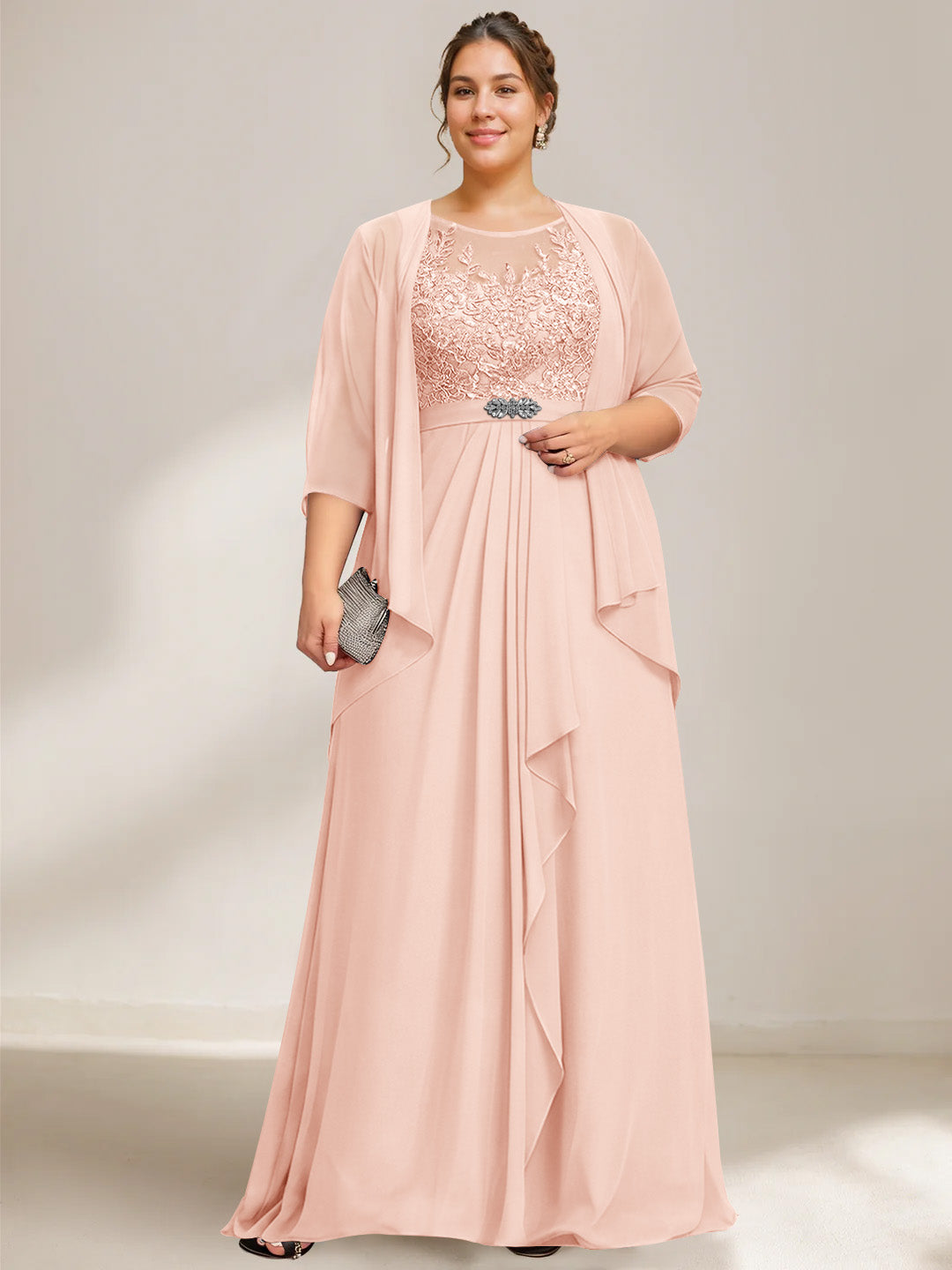 A-Line/Princess Scoop Plus Size Mother of the Bride Dresses Chiffon Lace with Wrap/Jacket