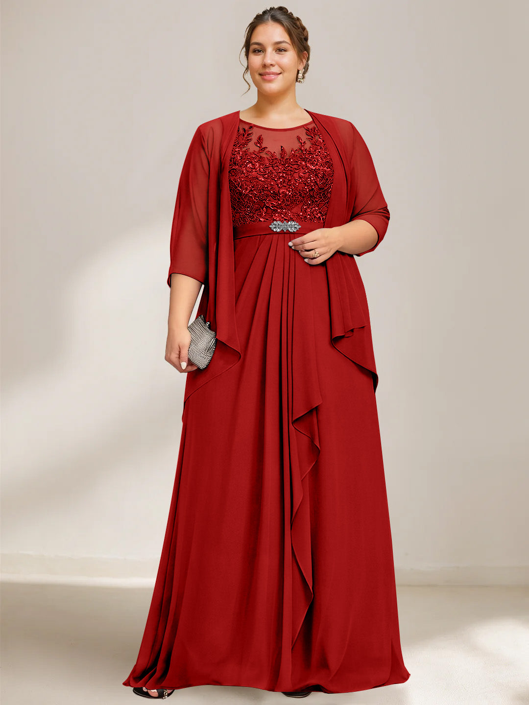A-Line/Princess Scoop Plus Size Mother of the Bride Dresses Chiffon Lace with Wrap/Jacket