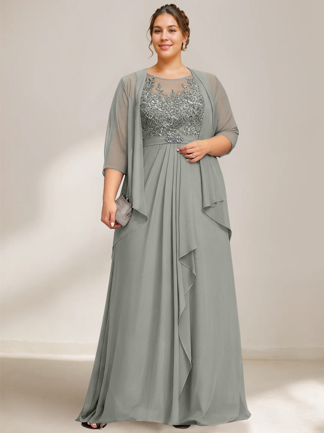 A-Line/Princess Scoop Plus Size Mother of the Bride Dresses Chiffon Lace with Wrap/Jacket