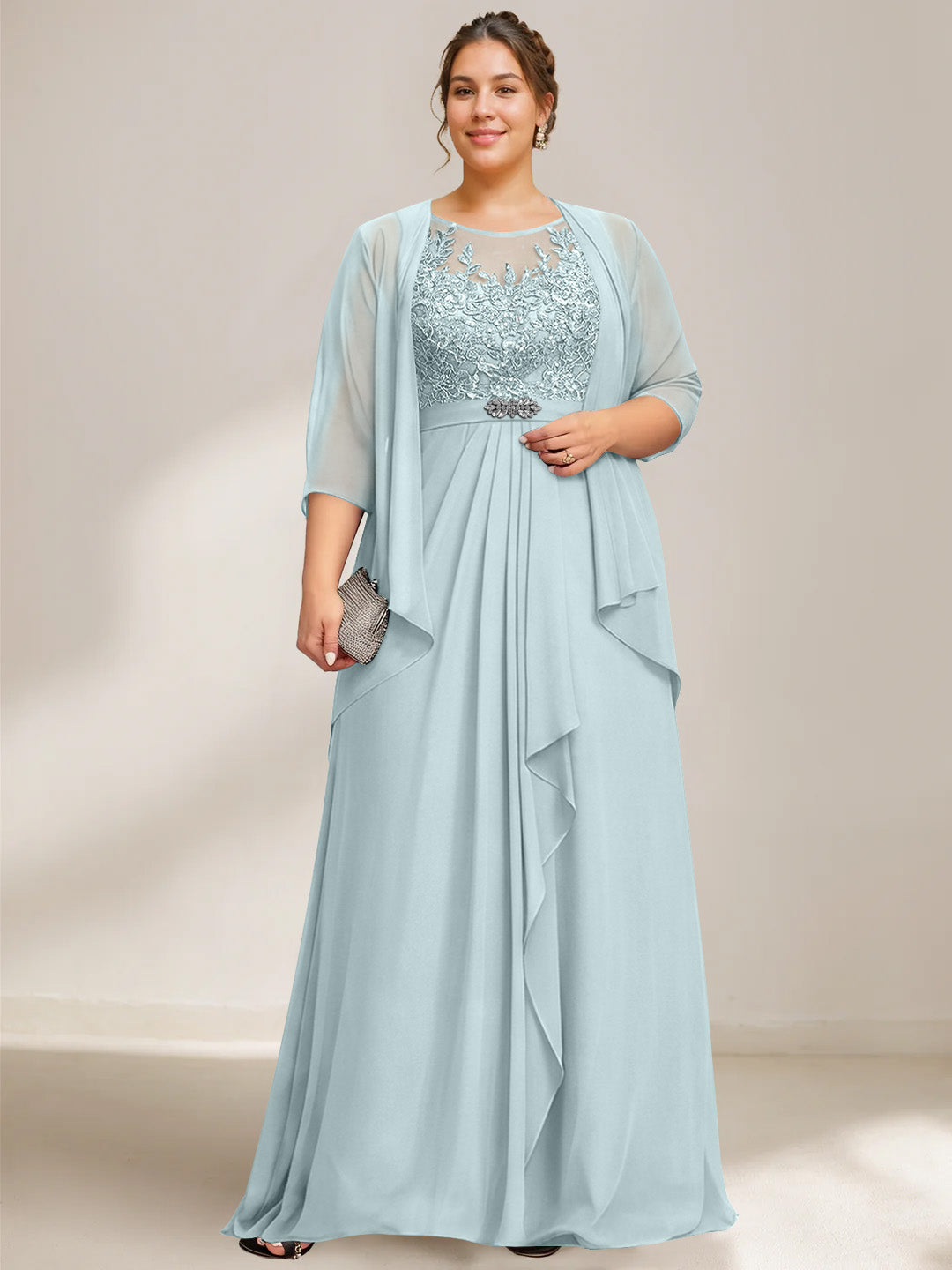 A-Line/Princess Scoop Plus Size Mother of the Bride Dresses Chiffon Lace with Wrap/Jacket