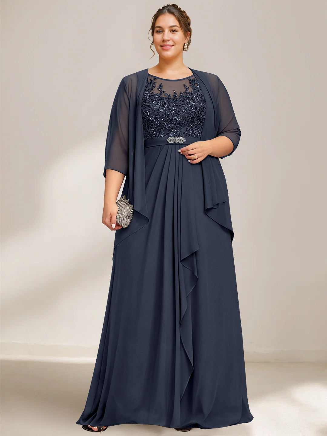 A-Line/Princess Scoop Plus Size Mother of the Bride Dresses Chiffon Lace with Wrap/Jacket