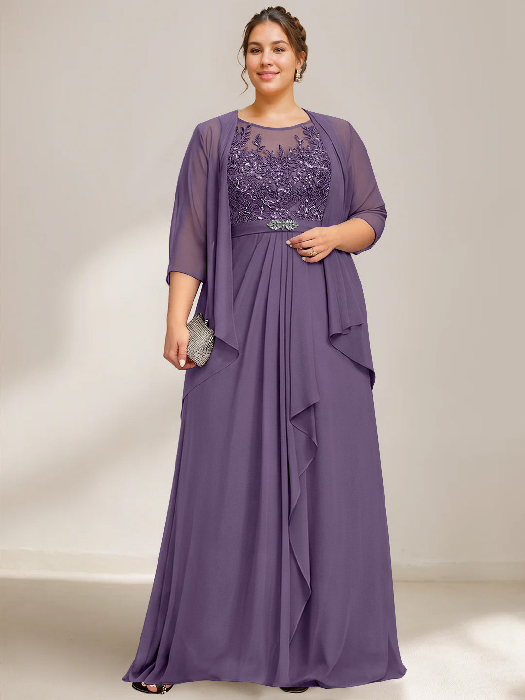 A-Line/Princess Scoop Plus Size Mother of the Bride Dresses Chiffon Lace with Wrap/Jacket