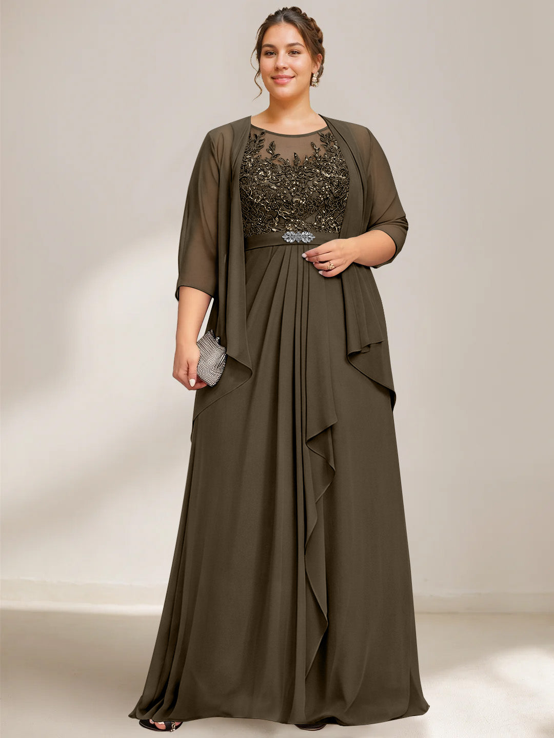 brown mother of the bride dresses plus size Cicinia Chocolate Mother Of The Bride Dress Plus Size Long Appliques Lace Chiffon Ankle Length V-neck