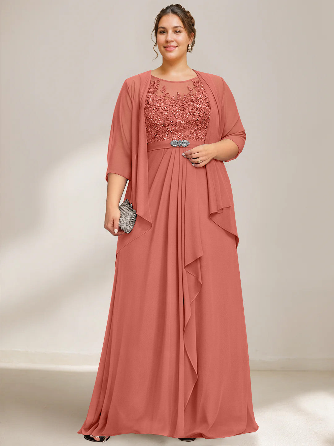 A-Line/Princess Scoop Plus Size Mother of the Bride Dresses Chiffon Lace with Wrap/Jacket