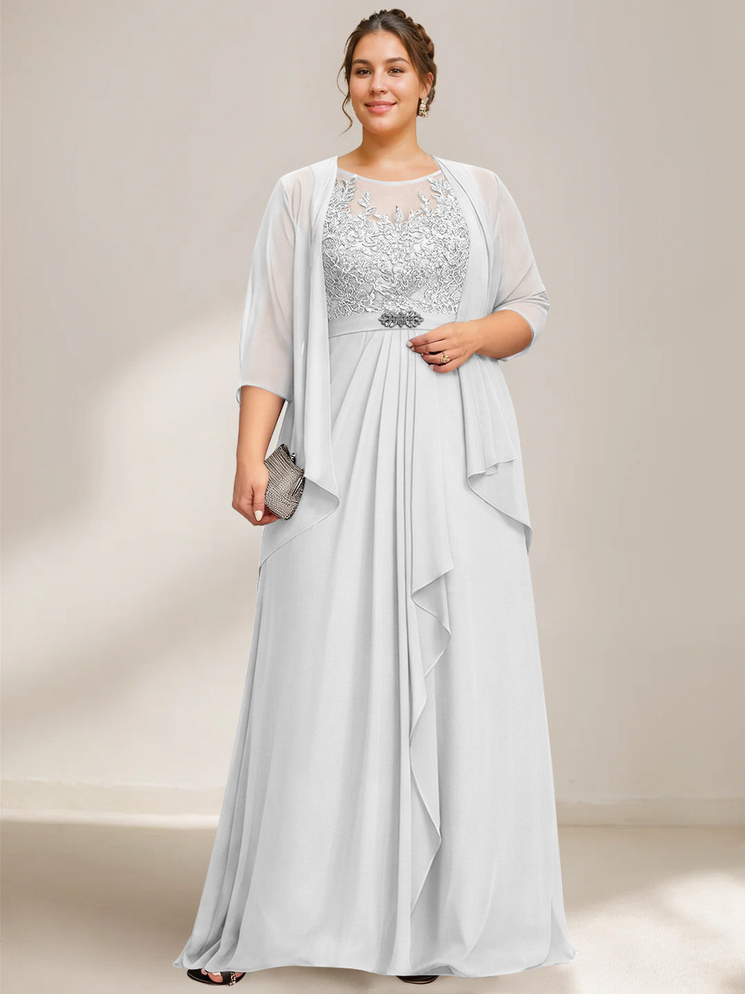 A-Line/Princess Scoop Plus Size Mother of the Bride Dresses Chiffon Lace with Wrap/Jacket