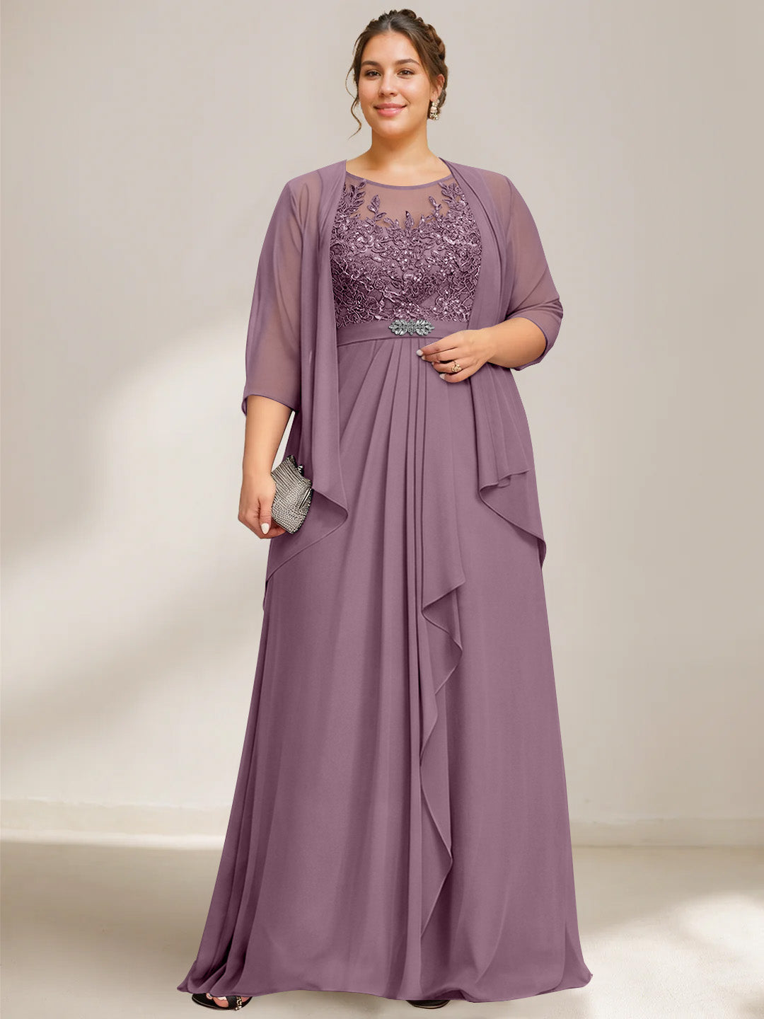 A-Line/Princess Scoop Plus Size Mother of the Bride Dresses Chiffon Lace with Wrap/Jacket