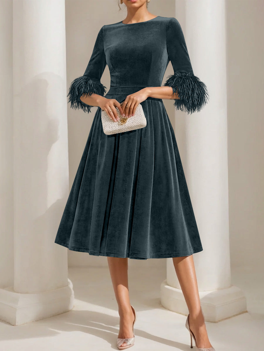 A-Line/Princess Scoop Velvet Mother of the Bride Dresses Half Sleeves Feather-trimmed
