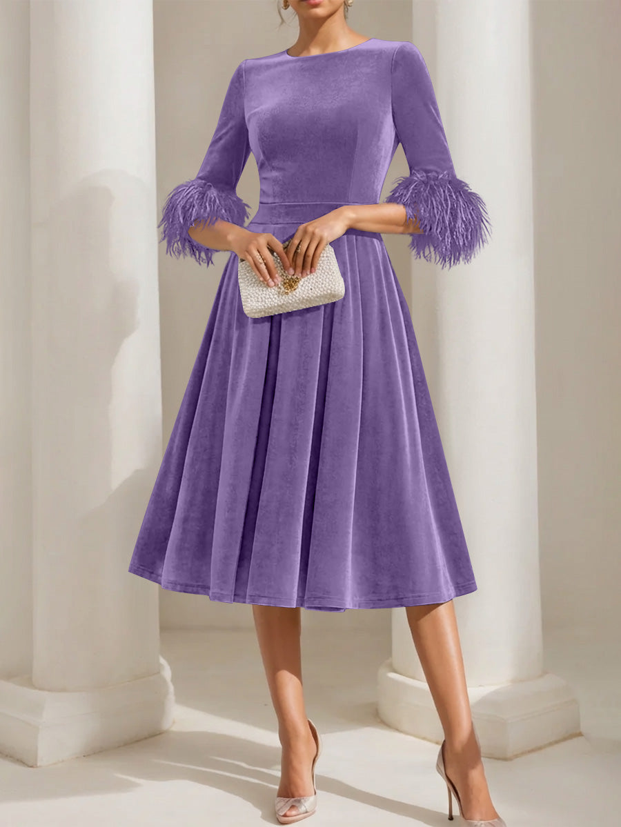 A-Line/Princess Scoop Velvet Mother of the Bride Dresses Half Sleeves Feather-trimmed