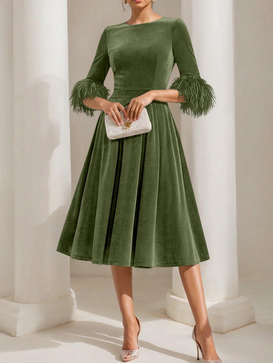 A-Line/Princess Scoop Velvet Mother of the Bride Dresses Half Sleeves Feather-trimmed