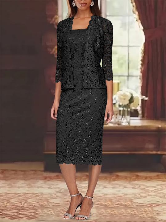 Sheath/Column 2 Pieces Scoop Lace Plus Size Mother of the Bride Dresses with Jacket 3/4 Sleeves Knee-Length