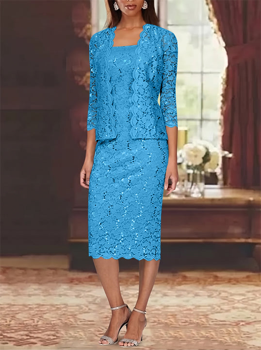 Sheath/Column 2 Pieces Scoop Lace Mother of the Bride Dresses with Jacket 3/4 Sleeves Knee-Length