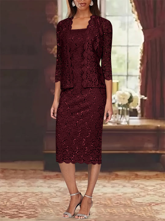 Sheath/Column 2 Pieces Scoop Lace Plus Size Mother of the Bride Dresses with Jacket 3/4 Sleeves Knee-Length