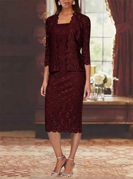 Sheath/Column 2 Pieces Scoop Lace Plus Size Mother of the Bride Dresses with Jacket 3/4 Sleeves Knee-Length